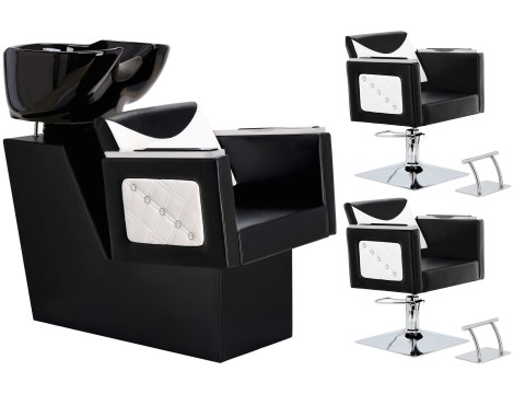 Eve black/white zestaw myjnia fryzjerska i 2 x fotel fryzjerski hydrauliczny obrotowy podnóżek do salonu fryzjerskiego myjka ruchoma misa ceramiczna armatura bateria słuchawka