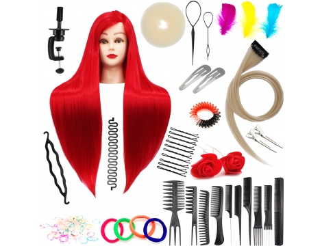 Zestaw główka treningowa Ilsa 60 Red, włos syntetyczny + 80 akcesoriów + uchwyt, fryzjerska do czesania, głowa do ćwiczeń