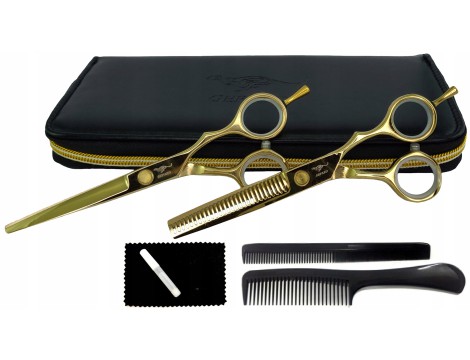 GEPARD zestaw fryzjerski degażówki i nożyczki praworęczne 5,5 + futerał grzebienie, GOLDOS fryzjerskie do strzyżenia włosów do salonu linia Superior