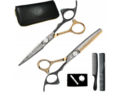 WOLF zestaw fryzjerski degażówki i nożyczki praworęczne 6,0 Magic Cut+ futerał grzebienie offset fryzjerskie do strzyżenia włosów do salonu