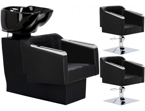 Pikos Zestaw czarny myjnia fryzjerska i 2 x fotel fryzjerski hydrauliczny obrotowy do salonu fryzjerskiego myjka ruchoma misa ceramiczna armatura bateria słuchawka