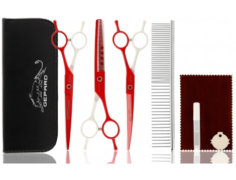 Gepard zestaw groomerski degażówki nożyczki praworęczne groomerskie 7,0 + futerał stalowy grzebień fryzjerski do strzyżenia włosów do salonu z serii Professional
