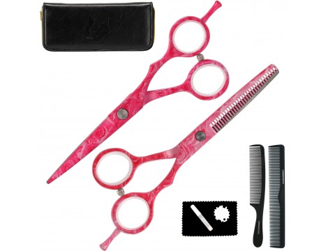 Wolf zestaw fryzjerski degażówki i nożyczki praworęczne 5,5 + futerał grzebienie, Pink Rose offset fryzjerskie do strzyżenia włosów do salonu linia classic