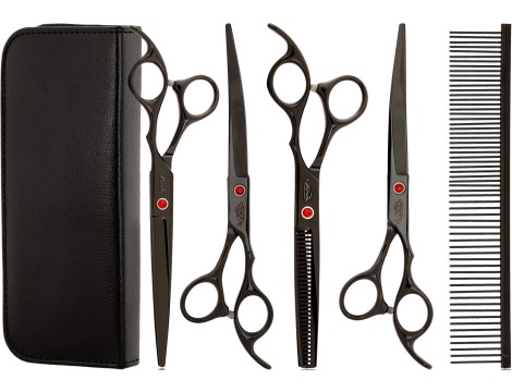 GEPARD zestaw fryzjerski degażówki 6,5  + 2x nożyczki + nożyczki gięte praworęczne groomerskie 7,0 + futerał + stalowy grzebień fryzjerski do strzyżenia włosów do salonu Superior