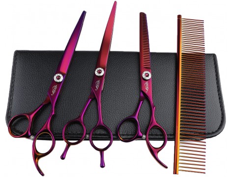 GEPARD zestaw fryzjerski degażówki i nożyczki + nożyczki gięte w górę praworęczne groomerskie 7,0 + futerał stalowy grzebień do strzyżenia włosów do salonu z serii Superior