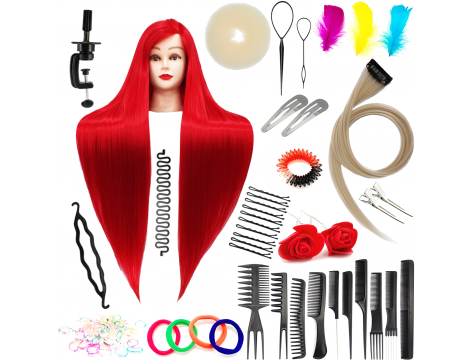 Zestaw główka treningowa Ilsa 90 Red, włos syntetyczny + 80 akcesoriów + uchwyt, fryzjerska do czesania, głowa do ćwiczeń