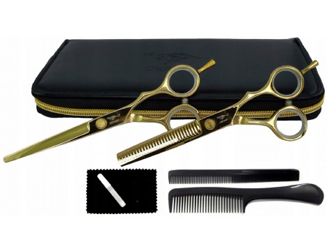 GEPARD zestaw fryzjerski degażówki i nożyczki praworęczne 6,0 + futerał grzebienie, GOLDOS fryzjerskie do strzyżenia włosów do salonu linia Superior